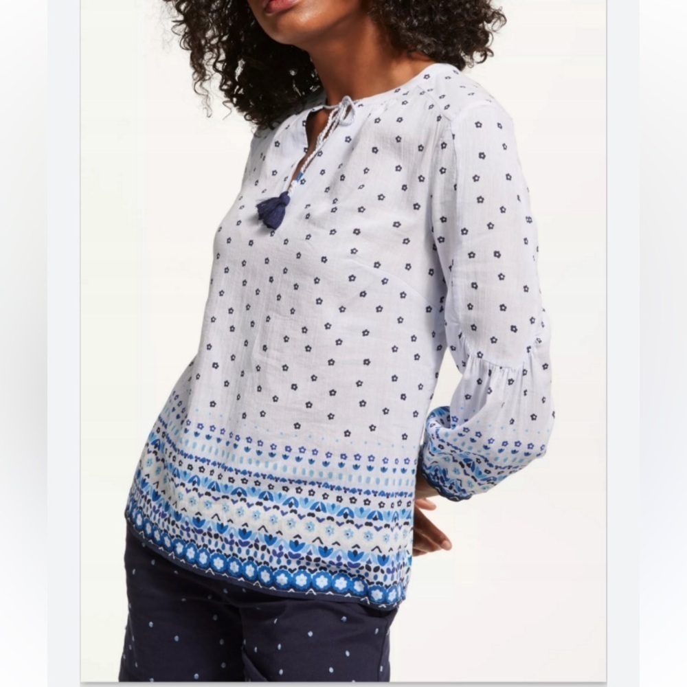 Boden Blue Gauzy Cotton Floral Pullover Boho Tassel Peasant Blouse - Picture 13 of 13